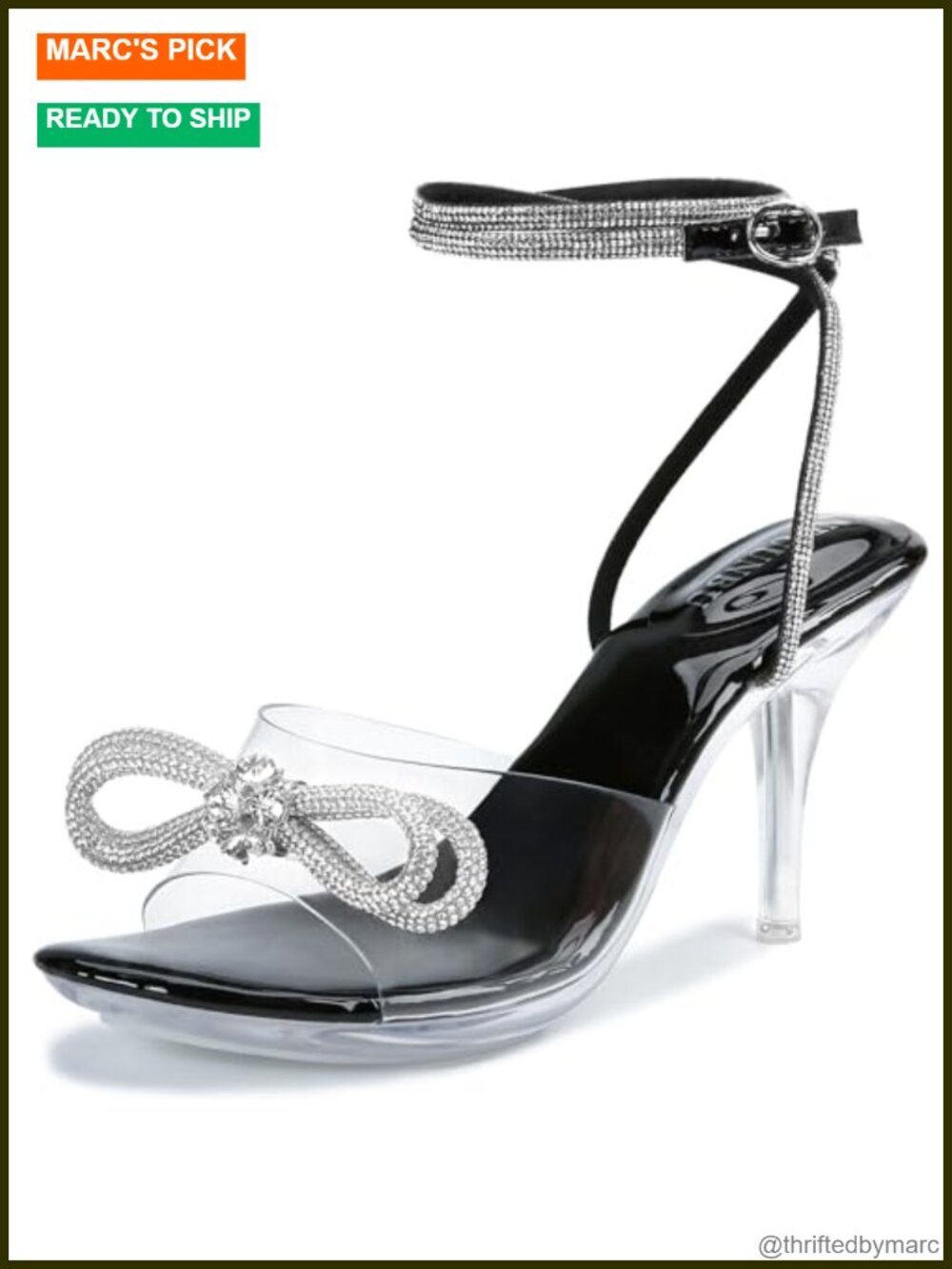 Clear Heels with Rhinestone Bow Strappy Sandals Ankle Strap Butterfly Platform